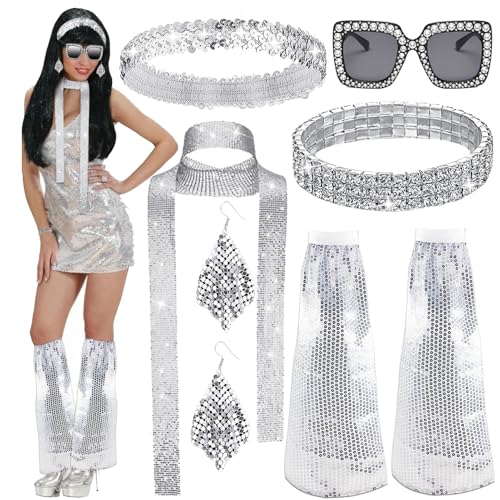 Dongcill 6 Pezzi Accessori Discoteca per Donne, Costume da Discoteca Set Sciarpa con Paillettes Orecchini Occhiali da Sole Bracciale Fascia Scaldamuscoli per Discoteca Anni 70/80 Costumi Cosplay