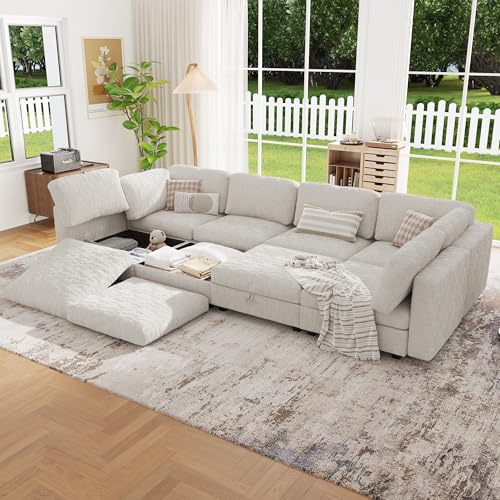 Image of 128 inch Modular Sectional Chenille Sofa bed with Hidden Storage, Comfy Modern 8 Seater Oversized Deep Seat Couch, Modular Sectional with Ottoman and Removable Cover for Living Room, Apartment, Beige