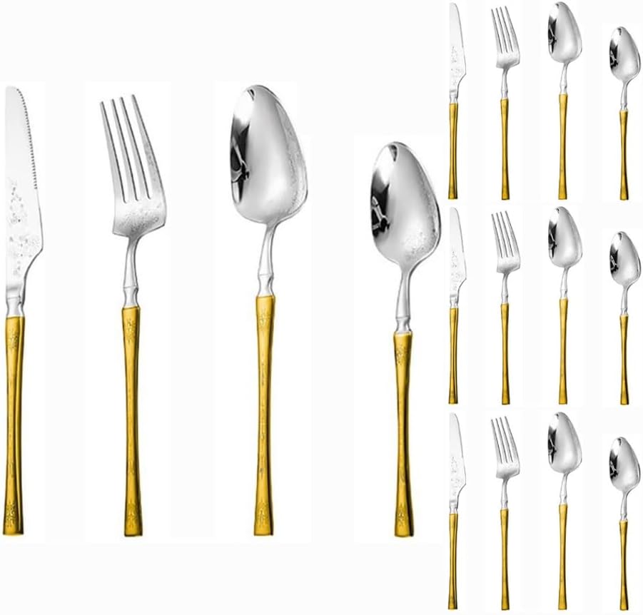 Creative Small Waist Laser Pattern Kitchen Stainless Steel Silverware Tableware Flatware Cutlery Set Steak Knife Fork Spoon Teaspoon (Gold Silver,16 pieces)