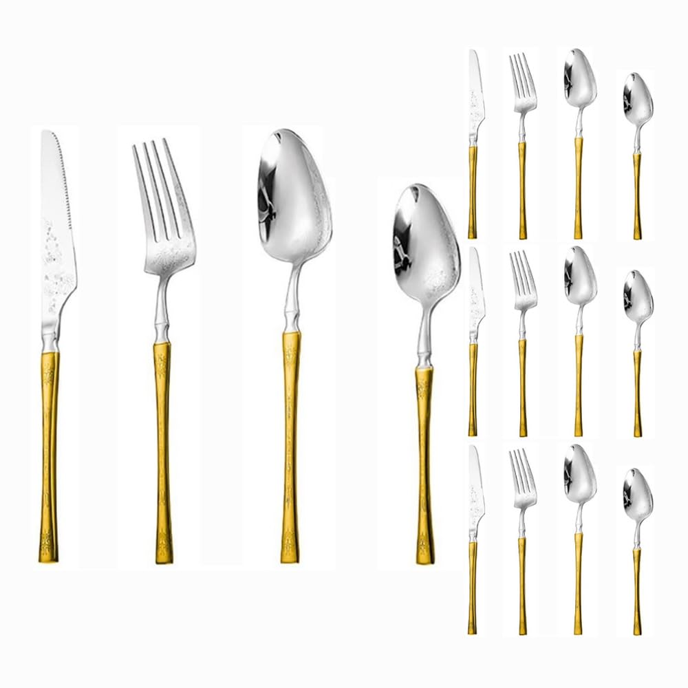 Creativo Vita Piccola Modello Laser Cucina in Acciaio Inox Posate Da Tavola Posate Set Di Posate Coltello Da Bistecca Forchetta Cucchiaio Cucchiaino (Oro argento,16 pezzi)