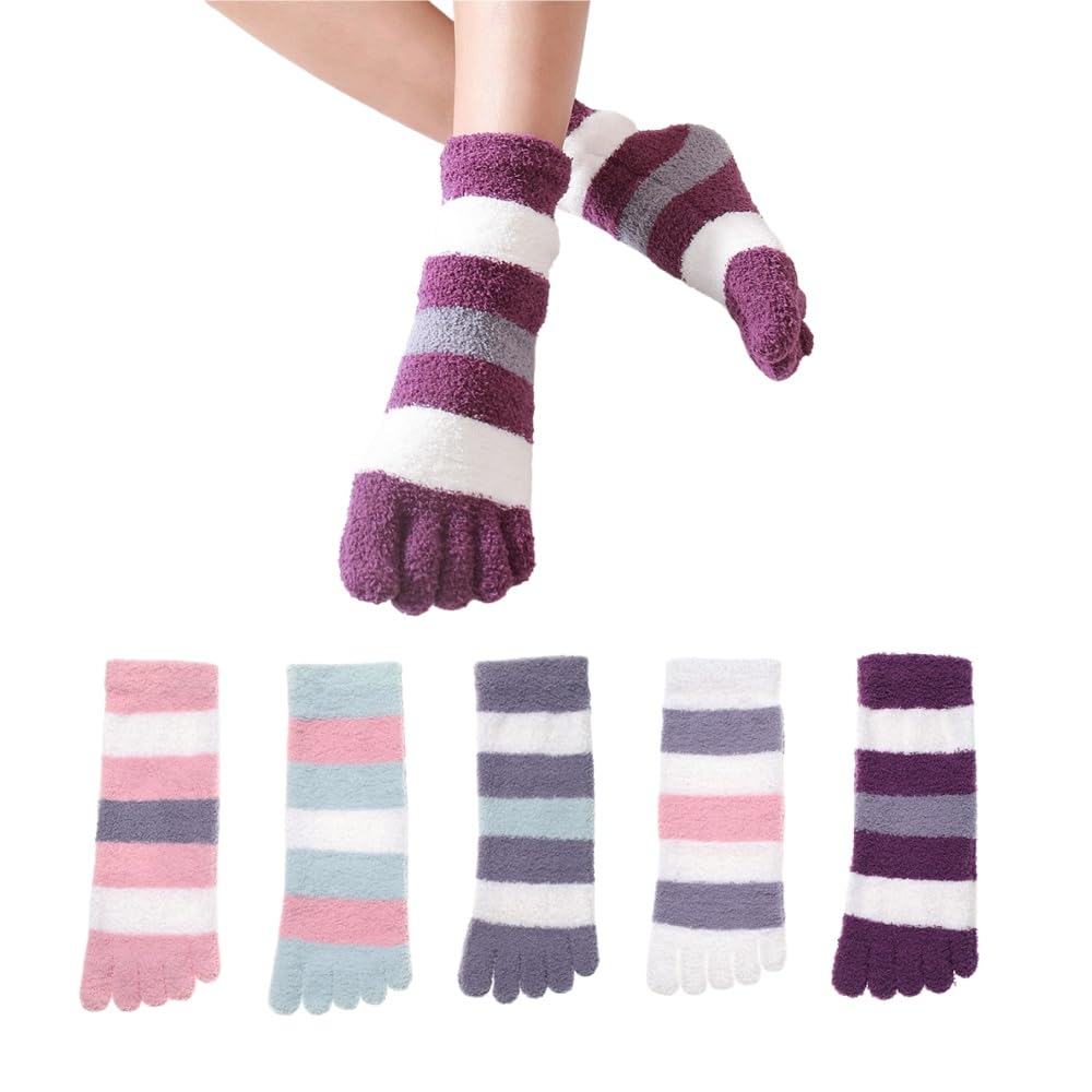 YOYADOY Coral Fluffy Thermal Five-Toe Socks Women, 5 Pairs Coral Fleece Sock, Winter Warm Soft Fuzzy Bed Socks for Casual Home Sleeping