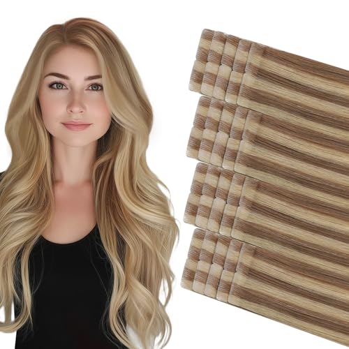 Image of COOKAYU Invisible Tape in Hair, Gold Brown to Caramel Blonde 20pcs /pack 18Inch 40g Seamless Tape in Extensions Real Human Hair Injected Invisi Edge Extensions