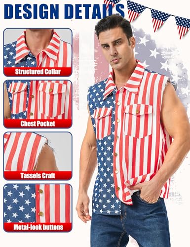 American Flag Vest for Men 4th of July Patriotic Top Sleeveless Jacket Overalls USA Independence Day Oversized4
