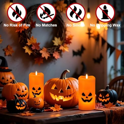 Image of Eldnacele Halloween Pumpkin Flameless Pillar Candles Battery Operated with 6 Hour Timer, 3D Wick Flickering Orange Real Wax Hand-Painted LED Candles Indoor Halloween Home Decor(2 Pack, 3 inch D x 6 inch H)