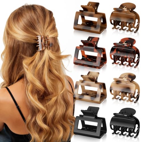 Oeusnael 8 PCS Medium Hair Clips for Women Girls - 2 Styles Rectangle and Double Row Teeth Small Claw Clips for Thin Thick Hair, Strong Hold Jaw Clips Stylish Leopard Print Hair Accessories, Tortoise