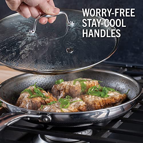 HexClad Hybrid Nonstick 12Inch Fry Pan with Tempered Glass Lid, Stay