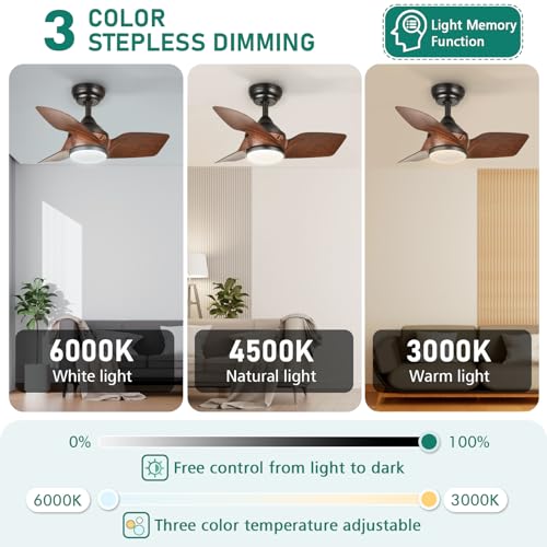 DWVO 26 Inch Ceiling Fans with Light and Remote, Small Modern Black Ceiling Fan with 3 Blades, 6 Speeds, 3 Colors Dimmable for Bedroom Patio Kitchen, DC Quiet Motor, Memory Function, Walnut