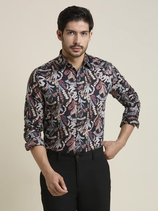 Image of MARK & ALBERT Men's Printed Full Sleeves Regular Fit Shirt Blue | 100% Cotton Stretchable Fabric