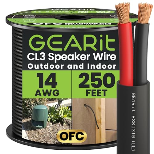 GEARit 14 Gauge Speaker Wire Cable,UL CL3 Rated 14 Gauge Wire 250ft,Copper Wire with Polarity Mark,Audio Cable for in-Wall,Home,Car,Outdoor,Garden,Commercial Audio Systems,OFC(Black,2-Conductors)