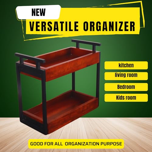 Image of Premium WoodMet Multipurpose kitchen wooden Rack |Iron Countertop Racks |Living Area Versatile Storage Shelf with 2 Compartments |Spice Rack Organizer|Makeup rack |Office shelf