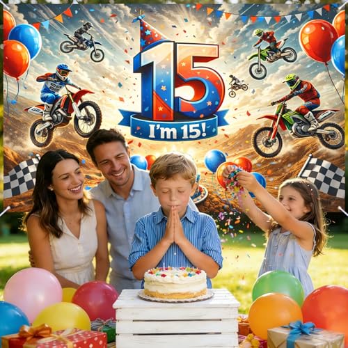 Image of Nuxovilar Happy 15th Birthday Banner Yard Sign 71 inchx43in Polyester Backdrop | Celebrate Party Supplies, Celebration Decor. Dirt Bike Birthday Party Decorations. Yard, Garage, Room. (Dirt Bike 15th)