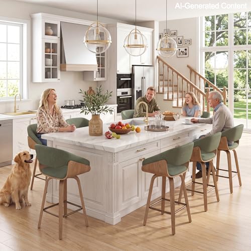 Image of HNY 26'' Modern Barrel Swivel Counter Stools Counter Height Swivel Bar Stools with Backs Set of 6, Green Linen Bar Height stools, Square Footrest, Farmhouse Solid Wood Barstools for Kitchen Island