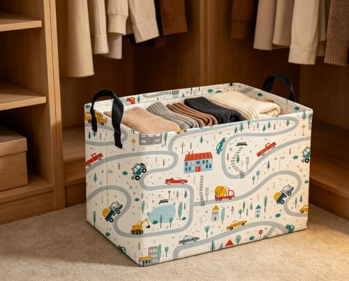 Image of Rectangle Kids Baskets Car Basket Boys Storage Bin Fish Box for Room Decor Gift Basket(Road car)