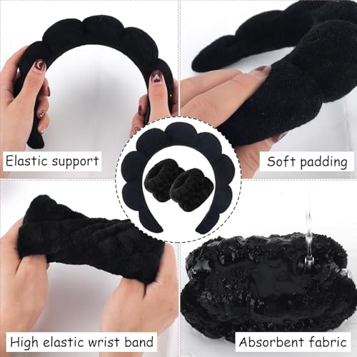 Image of Spa Headband and Wristband Set, Face Wash Headband Makeup Skincare Headband Wrist Bands Washing Face for Preppy Skincare Women Girl (Spa Headband - Black)