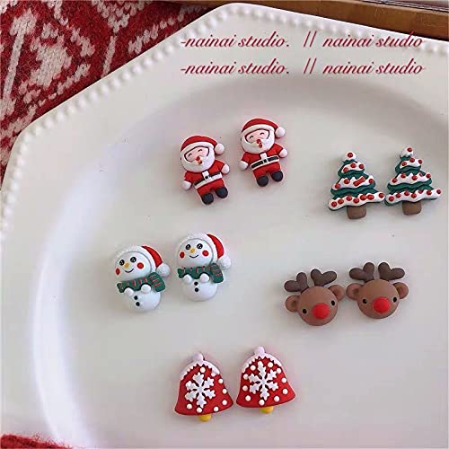 Charistmas Earring Set For Girls Women, 5 Pairs Cute Resin Christmas Stud Earrings,Christmas Trees, Bells,Santa Claus,Snowman,Elk Earrings (Red) #TOP5