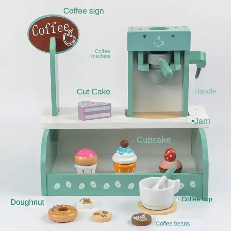Image of Wooden Coffee Shop Toy Set for Kids, Pretend Play Coffee Machine with Coffee Cup, Cupcakes, Doughnut and Accessories, Role Play Kitchen Toy for Boys and Girls
