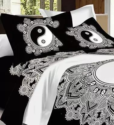 THB Mandala Printed Traditional Jaipuri Bedsheet 450TC with 2 Pillow Covers (Multi Black) 1