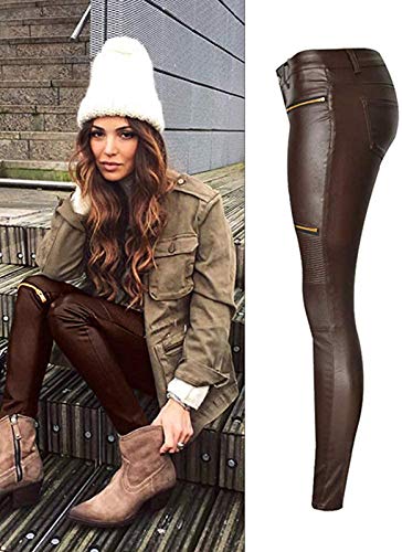 Faux Leather Pants For Women Sexy Stretchy Pu Leather Pleather Pants Leggings With Golden Zipper Brown Coffee Us 2 4 #TOP1