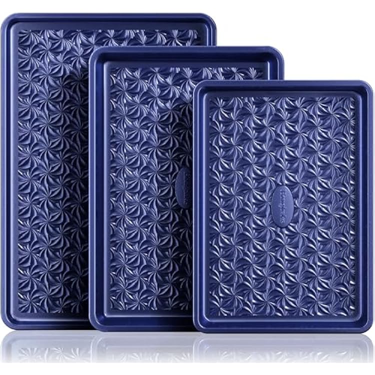 HONGBAKE Nonstick Baking Sheet Pan Set of 3, Cookie Sheets for Oven, Non-Toxic Half/Quarter/Jelly Roll Pans with Floral Swirl Texture, Heavy Duty 0.8mm Thick Oven Trays for Cooking, Blue
