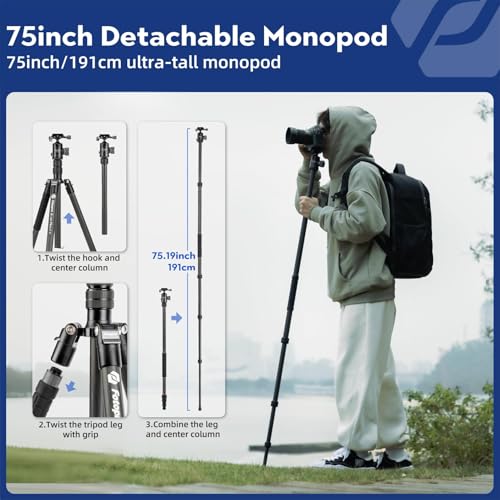 Image of Fotopro 73 inch /185cm Carbon Fiber Travel Tripod for Camera, 360 Panorama Ball Head, Arca Quick Release Plate and Bag, Detachable Monopod for DSLR Camera Camcorder, Load up to 22lbs /10kg. Plus Orange
