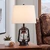 Franklin Iron Works Murphy Rustic Industrial Accent Table Lamp Miner Lantern 23 High Red Bronze Clear Glass Oatmeal Fabric Drum Shade for Living Room Bedroom House Bedside Nightstand Home Office