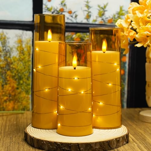 Image of Nimiko Flickering Flameless LED Candles,Battery Operated Candles 9 Pcs with Embedded Star String,Acrylic LED Pillar Candles with Remote,Suitable for Home Decoration to Create an Atmosphere(Gold)