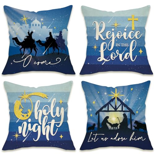 Fahrendom USFAPC0581 Christmas O Holy Night Decorative Throw Pillow Covers 18X18 Set Of 4, Religious Xmas Jesus Nativity Navy Blue Outdoor Pillowcase cover