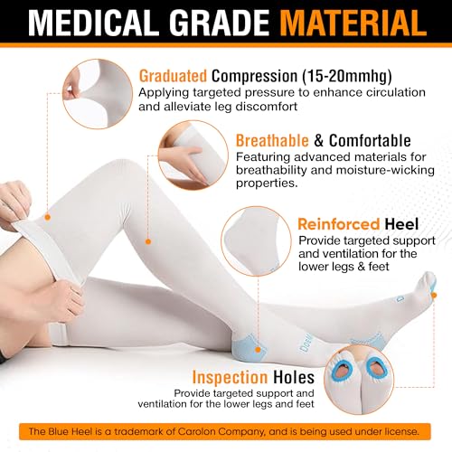 Doc Miller TED Hose Thigh High Anti Embolism Stockings for Women & Men, Hospital Style Surgical Stockings, Plus Size White Compression Socks 15-20mmHg, Support Hose with Inspection Hole (XL)