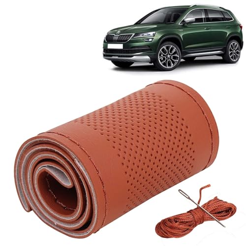 Image of KINGSWAY PU Leatherite Car Steering Cover Sewable Compatible with Skoda Karoq (Year 2020 Onwards), Tan Color with Tan Thread, Pack of 1 with Sewing Needle and Thread