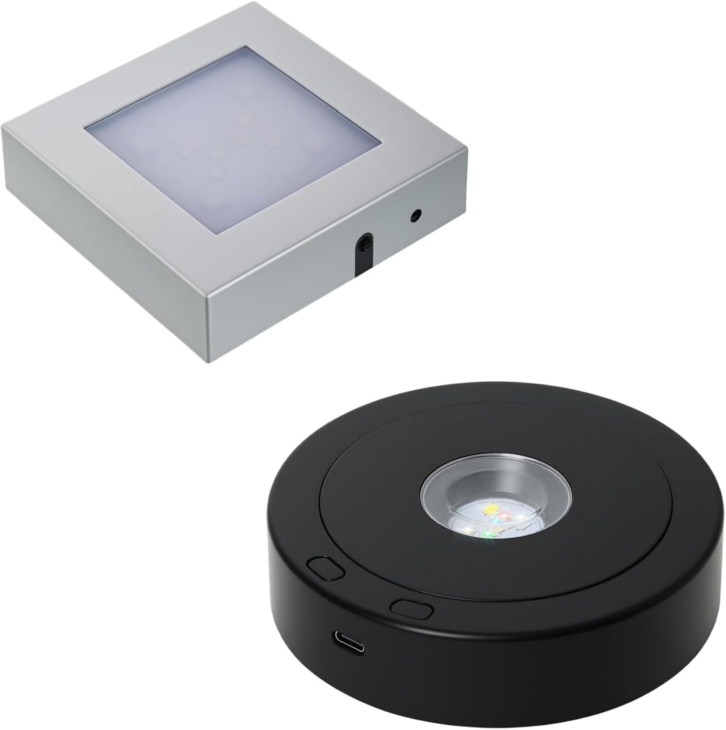 2-Piece LED Display Stand Set: 4.5" Black Rotating Turntable with 8 Light Modes & 3.1" Silver Square Multimodal Base, USB/Battery Powered Lighted Pedestal for 3D Crystal, Glass Art, and Photography