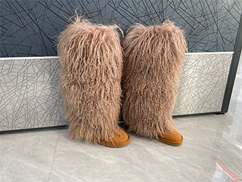 FurinFashion Over Knee High Mongolian Fur Boots Laides Boot with True Tibetan Fluffy Hairy Big Long Curly Hair For Girls Woman's Women Adults Size Skinning Winter Snowing Warm Shoes Flat Boots Blue Grey Pink Color (7, Khaki)3