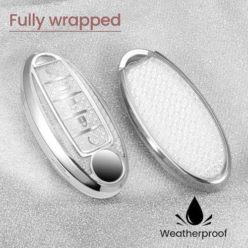 Image of Car Key Fob Cover for Nissan, Rhinestone Wristlet Case, White | Wear-resistant TPU shell, non-stretch rhinestone wristlet, daily splash, scratch and drop protection, normal signal use