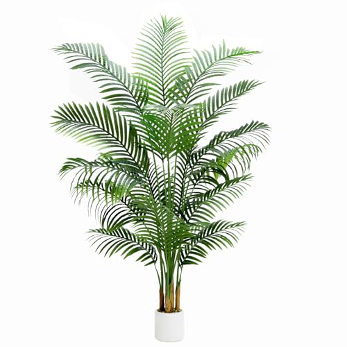 Artificial Palm Tree 7FT Faux Plants Indoor Tropical Fake Palm Tree Areca Floor Plant in White Pot with 18 Trunks & Real Bark Design, Faux Palm Plant for Outdoor Patio Home Room Office Decor