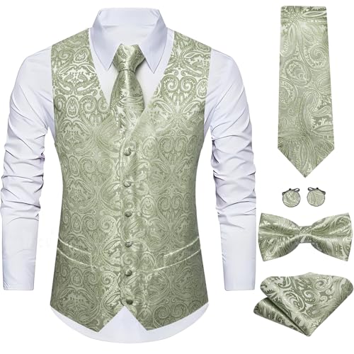 Image of Barry.Wang Men's Suit Vest Tie Bowtie Set Formal Silk Paisley Waistcoat Hanky Cufflinks Lapel Pin Set Wedding Party 7PCS