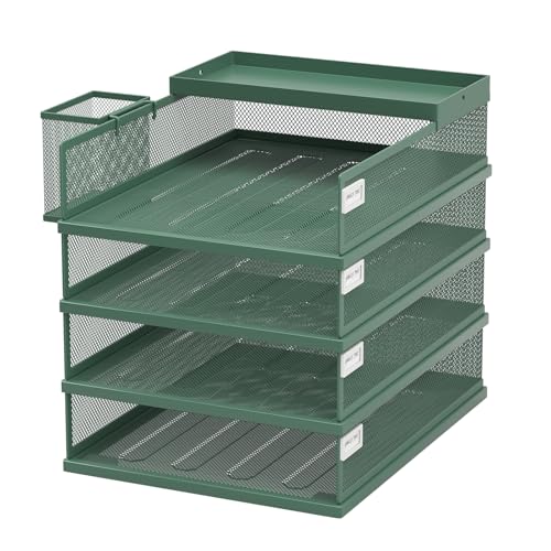 FANXIYQ Stackable Letter Trays, 4 Tier Metal Paper Tray & Desk Organizer, Stackable File Trays for Office & Home, Multi-Functional Document Tray with Fine Grid Design & Magnetic Labels,Green