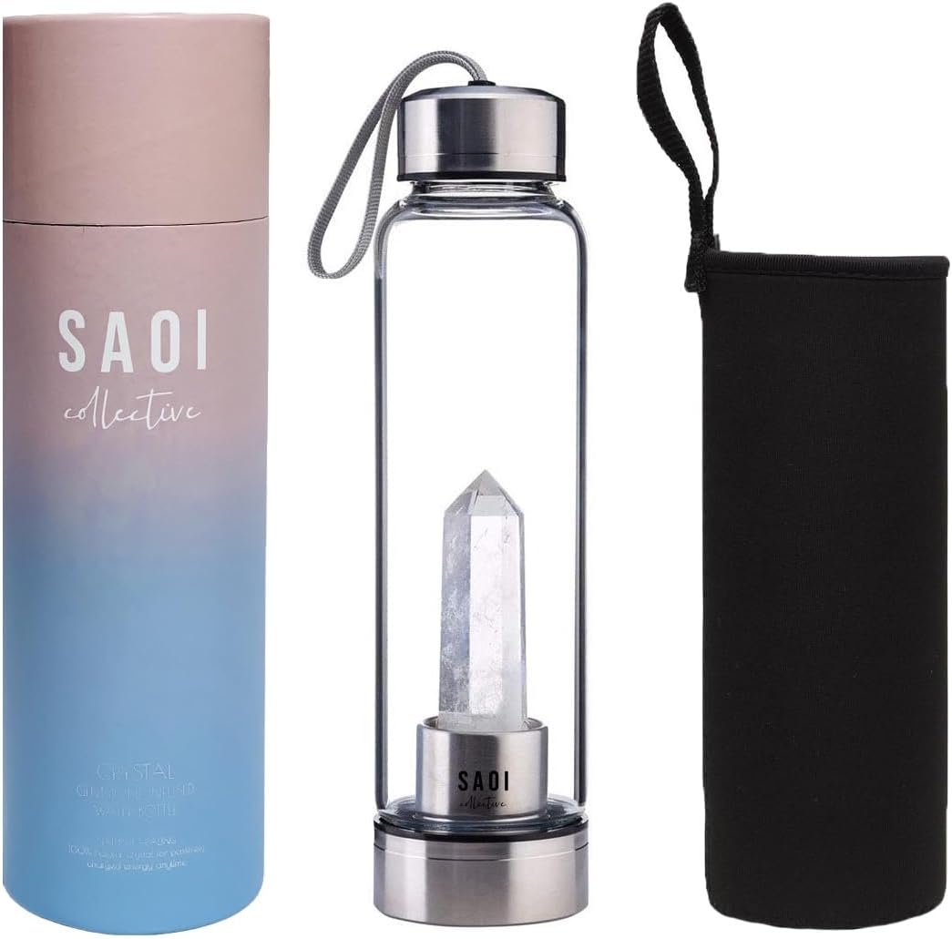 SAOI Crystal Water Bottle - Clear Quartz - Natural Wellness Healing - Glass/Stainless Steel