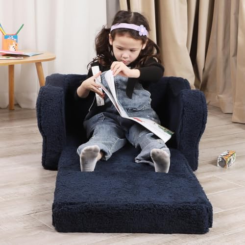 image for MOMCAYWEX Kids Sofa, 2-in-1 Flip-Out Foam Couch with Soft Sherpa Cover