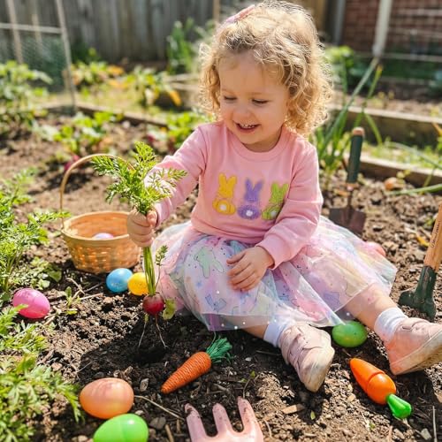 Image of Toddler Girl Easter Outfit Cute Bunny Letter Embroidery Sweatshirt Party Tutu Tulle Skirt Kids Spring Clothes