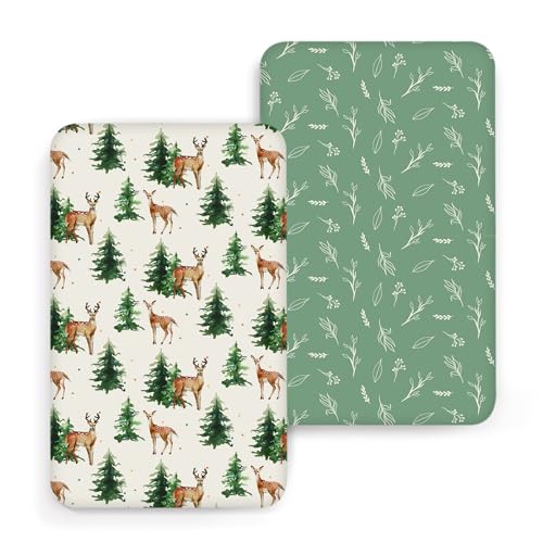 Image of ACRABROS Crib Sheets for Girl Boy: Stretchy Baby Fitted Crib Mattress Sheets Sets 2 Pack Standard Size Ultra Soft Neutral, Blossom Deer&Green Leaf