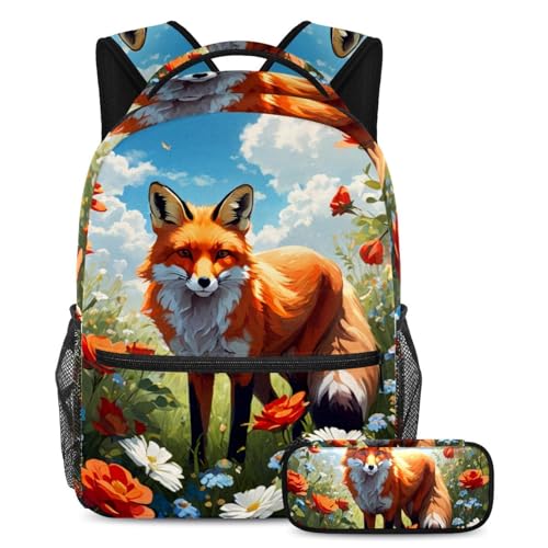 Sac d'école renard et fleur multicolore, grand cartable au design soigné