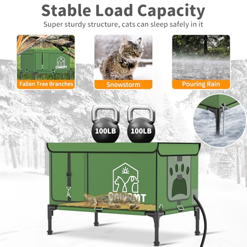 Image of Unbreakable Heated Cat House for Outdoor Cat in Winter, Waterproof & Windproof, Insulated Feral Cat Shelter Kitty Bed with Safety Pet Heating Pad for Outside Stray Cat (Green, 9.2''x17.7''x14.5'')