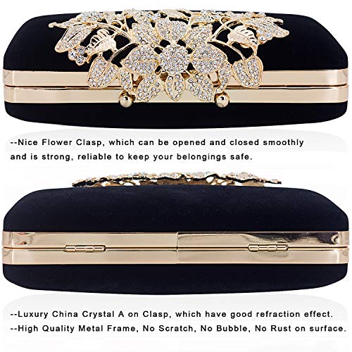 Dexmay Velvet Women Clutch Evening Bag With Rhinestone Crystal Flower Clasp Formal Purse For Party Black #TOP3