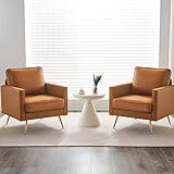 VINGLI Living Room Chairs Set of 2, Brown PU Leather Accent Chair Mid Century Modern Upholstered Sofa Chairs with Arms, Gold Legs for Living Room, Bedroom, Apartment