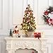 3 FT Potted Artificial Christmas Tree with 78 Lights, Pre-Lit Holiday Xmas Tree with Christmas Snow Cart Base, Tabletop Snow Flocked Christmas Tree with Pine Cones, Red Berries