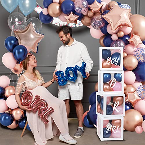 Rubfac 123Pcs Baby Boxes Gender Reveal Balloon Decorations, Rose Gold Navy Blue Balloon Garland Kit 4Pcs Baby Boxes With Letters (A-Z+Baby) For Baby Shower Boy Or Girl Gender Reveal Party Supplies #TOP5