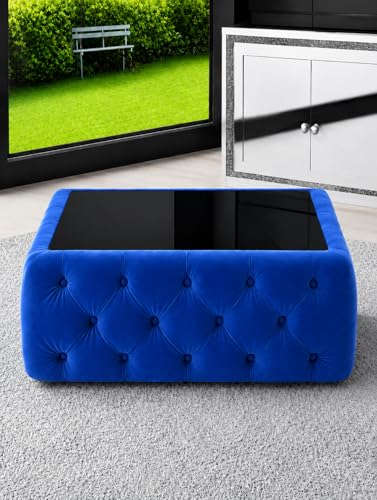Image of Premium Tufted Upholstered Coffee Table with Mica Top - Modern Square Ottoman Center Table, Soft Velvet Finish, Luxury Living Room Furniture - 30 x 30 x 18 Inch (Royal Blue)