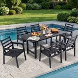 AZXZCS 7-Piece Outdoor Dining Set, All-Weather HDPE Patio Furniture, 66.5" Slatted Table with 1.6" Umbrella Hole & 6 Ergonomic Armchairs, Heavy Duty 350lbs Capacity, UV Resistant, Black