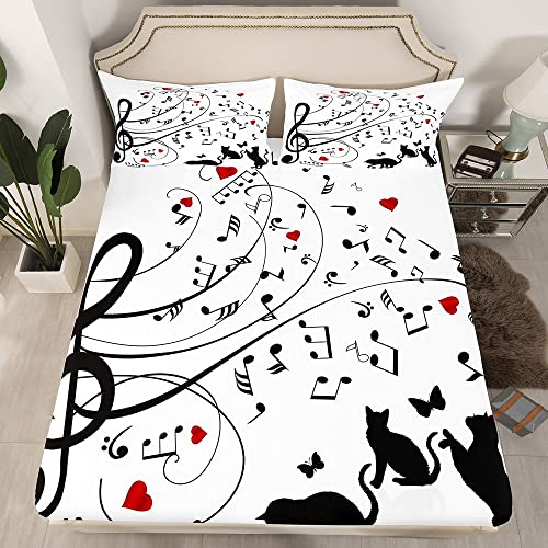 Feelyou Music Bed Sheet Set Musical Bedding Sheets For Kids Boys Girls Music Note Bedding Fitted Sheet Music Cat Illustration Bed Cover 1 Bed Sheet Set With 1 Pillowcase Twin Size #TOP2