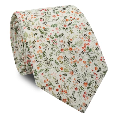 LHXzizizi Cotton Floral Ties for Men Thin Mens Flower Tie Vintage Necktie for Wedding Beach School Party Business Prom (Green Orange Flower)