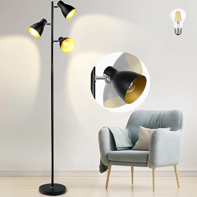 Depuley Floor Lamp, 3000K Rotatable 3 Lights Standing Lamp, Industrial Floor Light with Black and Gold Design,Metal Retro Floor lamp For Living Room,Bedroom, Dining Room,Office,Reading(E27 Bulbs Incl)